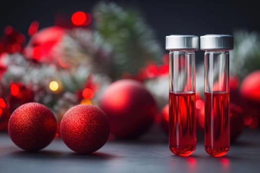 Two test tubes filled with red liquid sit beside shiny ornaments among festive decorations creating a vibrant holiday atmosphere.