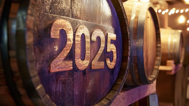 A close view of wooden barrels marked with the year 2025 indicating aging beverages in a rustic cellar atmosphere.
