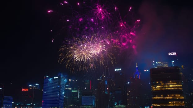 Colorful fireworks illuminate the night sky above a vibrant city skyline as New Year celebrations begin marking the arrival of a new year.