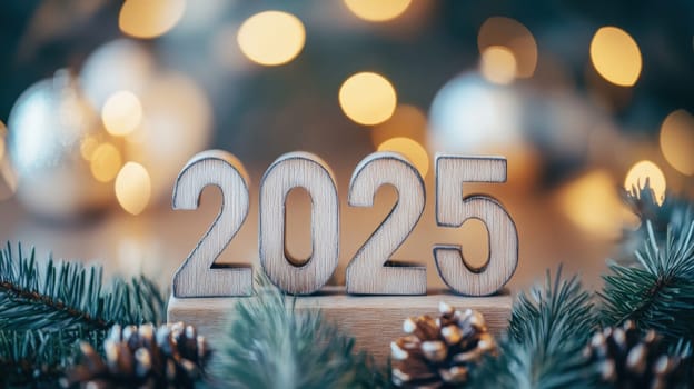 The wooden numbers for twenty twenty five are arranged among festive decorations and pine branches during a winter celebration.