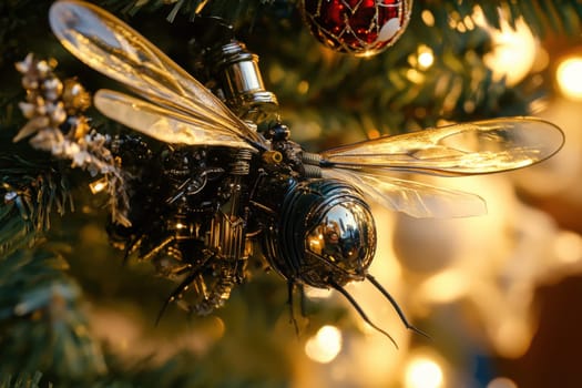 A shiny bee ornament hangs from a Christmas tree decorated with lights and festive ornaments adding charm to the holiday atmosphere.