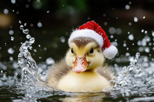 A duckling joyfully splashes in water while wearing a festive Santa hat creating a delightful holiday atmosphere in nature.