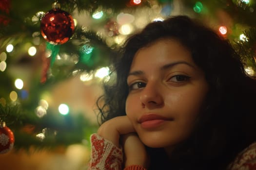 A young woman is sitting beside a beautifully decorated Christmas tree lost in thought as soft lights illuminate her face.