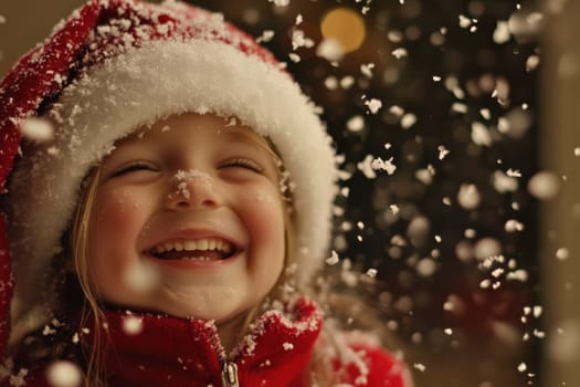 A young child wearing a festive hat laughs heartily surrounded by gently falling snowflakes capturing the joy of winter.