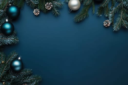 Decorated branches feature green and silver ornaments along with pinecones against a dark blue background creating a cheerful atmosphere.