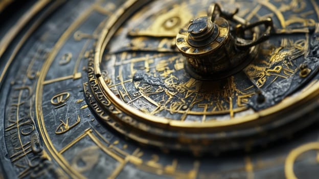 An ornate brass astrolabe showcases detailed engravings and brasswork reflecting its historical significance and craftsmanship.