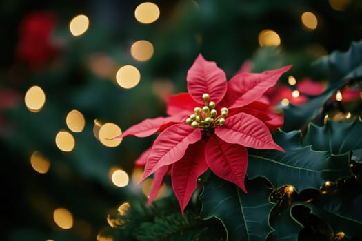 A vibrant red poinsettia stands out against green foliage illuminated by soft glowing holiday lights creating a warm festive atmosphere.