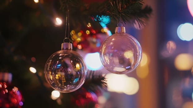Two glass ornaments dangle from a Christmas tree surrounded by colorful lights capturing the holiday spirit in a cozy atmosphere.