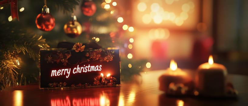 A beautifully decorated Christmas setting featuring a sign glowing candles and twinkling lights creating a warm holiday atmosphere.
