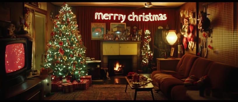 A festive living room features a beautifully lit Christmas tree holiday decorations and a warm fireplace creating a cheerful atmosphere.