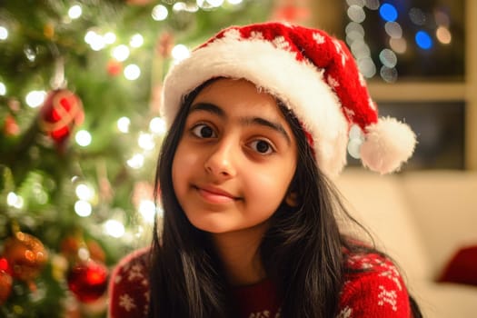 A girl smiles warmly while wearing a red and white festive hat next to a beautifully decorated Christmas tree with lights.