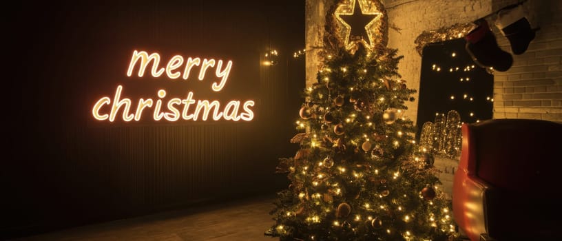 A beautifully decorated Christmas tree shines next to a glowing message as ornaments and lights create a festive atmosphere indoors.