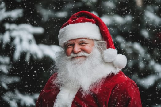 A cheerful Santa Claus with a white beard and red suit smiles as snowflakes gently fall around him in a festive winter landscape.