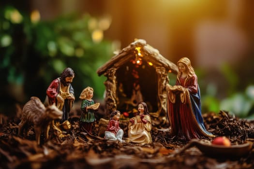 A beautifully arranged nativity scene with figurines depicting the birth of Jesus surrounded by family and animals in a festive setting.