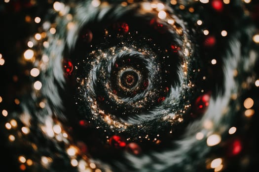 A colorful vortex of lights and Christmas ornaments creates a whimsical and festive atmosphere during the holiday season.