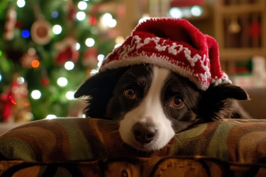 A dog relaxes on a cushion while wearing a Christmas hat surrounded by a beautifully decorated tree with lights.
