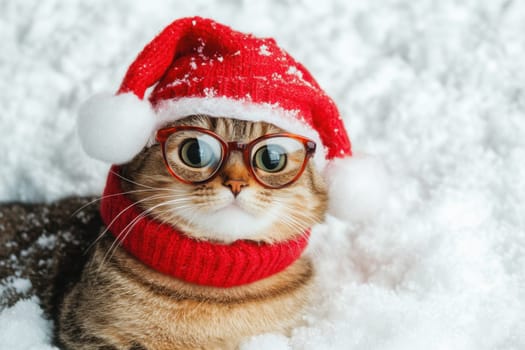 A fluffy cat dressed in a red Santa hat and round glasses sits in fresh snow during winter exuding charm and holiday spirit.