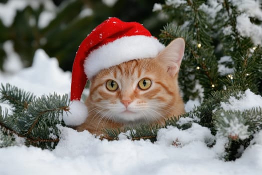 An orange cat wearing a red Christmas hat sits among snow covered pine branches enjoying the winter atmosphere.