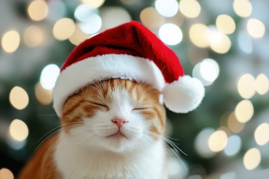 A fluffy orange cat enjoys the holiday spirit while wearing a red Santa hat in front of a decorated Christmas tree.