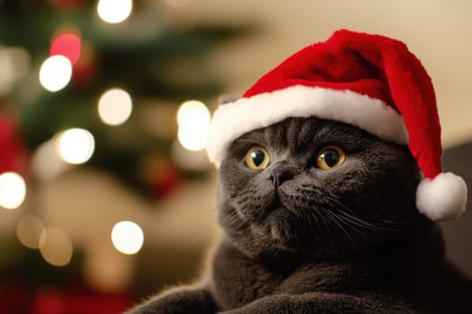 A fluffy gray cat wears a festive Santa hat sitting comfortably with twinkling lights and a Christmas tree in the background.