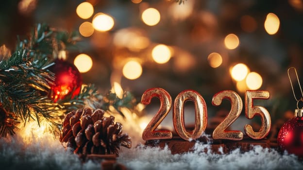 Colorful ornaments and sparkling lights create a joyful atmosphere as the year 2025 is celebrated with festive decorations.