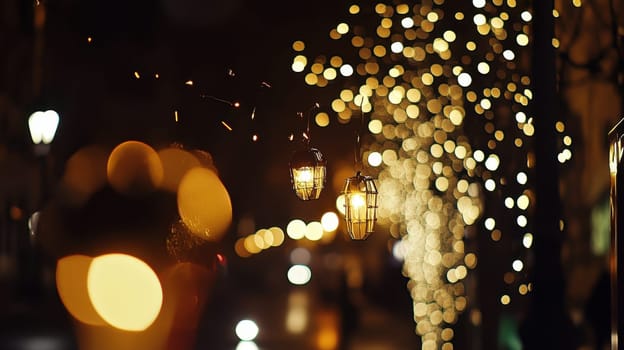 Warm lanterns hang above a vibrant street surrounded by twinkling lights creating a cozy and inviting atmosphere during evening festivities.