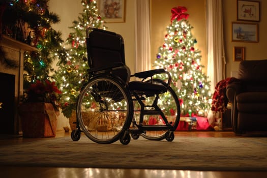 A wheelchair sits alone in a cozy warmly lit room adorned with Christmas trees and twinkling lights creating a festive atmosphere.