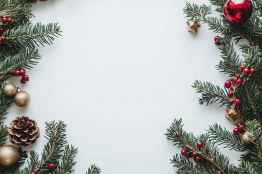Greenery with ornaments and pine cones frames a blank area perfect for holiday greetings or messages during the festive season.