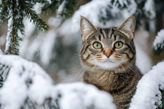 A tabby cat with bright green eyes sits among snow covered branches curious about its winter surroundings in a peaceful outdoor setting.