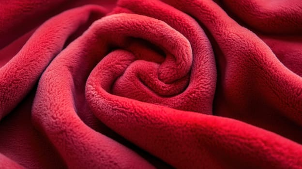 The fabric displays a vibrant red color smoothly curled in a spiral showcasing its soft texture and warmth.