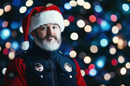 A man wearing a Santa hat poses cheerfully against a backdrop of colorful holiday lights creating a festive atmosphere.