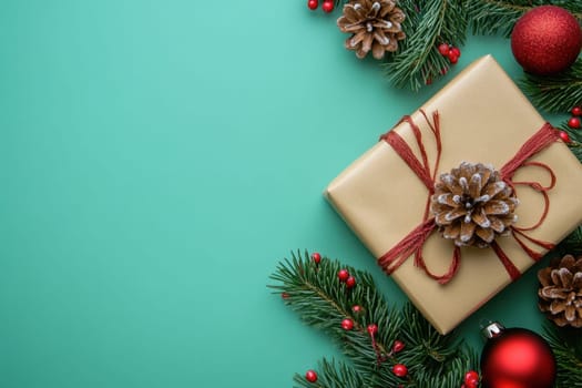 A beautifully wrapped gift adorned with pine cones surrounded by red ornaments and evergreen branches perfect for the holiday season.