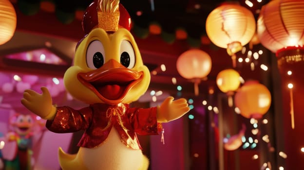 A vibrant duck character enjoys a festive gathering filled with colorful lanterns and sparkling lights during a celebration.