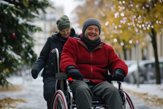 A man in a wheelchair enjoys a cheerful winter walk with a friend surrounded by snowy trees and festive lights.