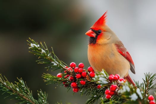 A female cardinal rests on a snow covered branch adorned with red berries during a winter day.