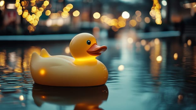 A yellow rubber duck floats peacefully in a calm pond surrounded by glowing lights during the evening.
