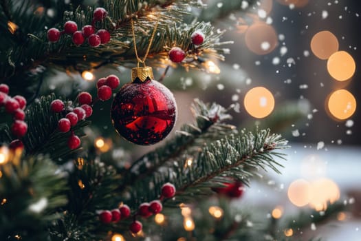 Snow falls gently while a bright red ornament decorates a Christmas tree creating a cozy holiday atmosphere with warm lights in the background.