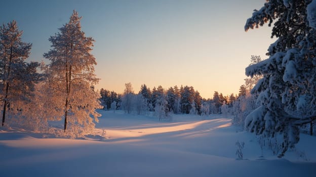 A tranquil winter view features snow draped trees under a colorful sunset sky creating a peaceful atmosphere in a snowy terrain.