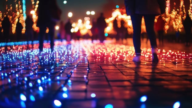 Visitors enjoy a vibrant evening walk on a illuminated pathway adorned with colorful lights reflecting the festive atmosphere.