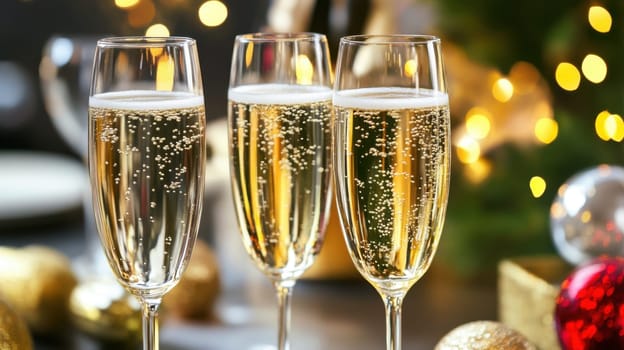 Three elegant glasses of sparkling beverage sit atop a table adorned with holiday decorations and warm lights.