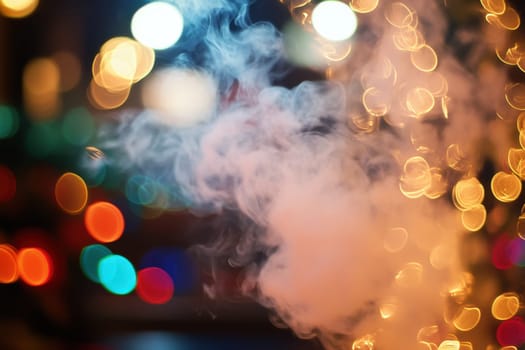 Soft white smoke merges with shimmering bokeh lights in a lively urban setting during the evening hours.