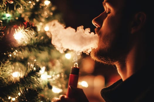 A young man exhales vapor while standing beside a beautifully lit Christmas tree enjoying a festive atmosphere during the holidays.