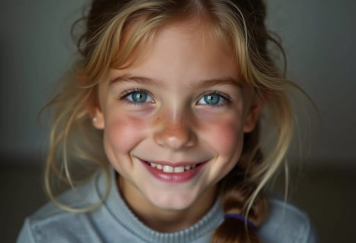 A young Caucasian girl with beautiful eyes and wavy hair stands smiling softly. Her playful demeanor shines through as she poses in a cozy indoor setting in France. Generative AI.