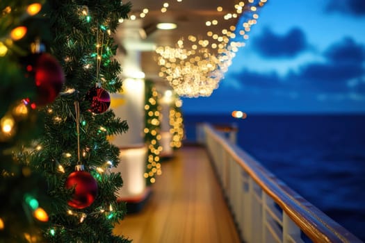 The deck of a cruise ship is adorned with Christmas lights and ornaments as twilight casts a serene glow over the ocean.