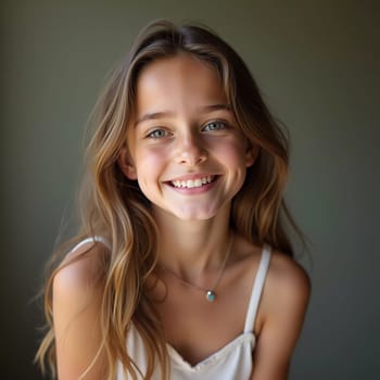 A young Caucasian girl with beautiful eyes and wavy hair stands smiling softly. Her playful demeanor shines through as she poses in a cozy indoor setting in France. Generative AI.