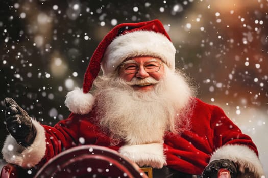 A joyful Santa Claus with a big smile greets everyone as snowflakes fall around him in a festive winter setting.