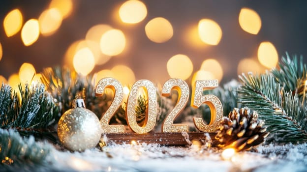 Festive arrangement featuring the year 2025 surrounded by pine branches ornaments and glowing lights for a joyful celebration.