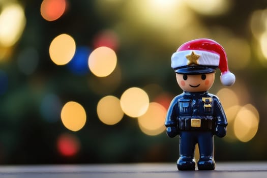 A toy police officer is dressed in a Santa hat standing in front of colorful holiday lights capturing the festive spirit of the season.