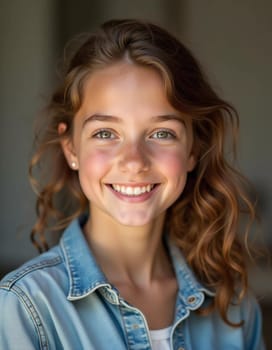 A young Caucasian girl with beautiful eyes and wavy hair stands smiling softly. Her playful demeanor shines through as she poses in a cozy indoor setting in France. Generative AI.
