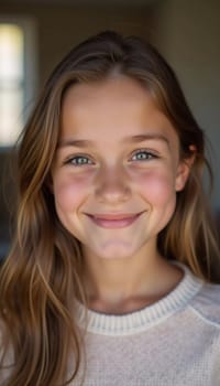 A young Caucasian girl with beautiful brown eyes and wavy hair stands smiling softly. Her playful demeanor shines through as she poses in a cozy setting in France. Generative AI.